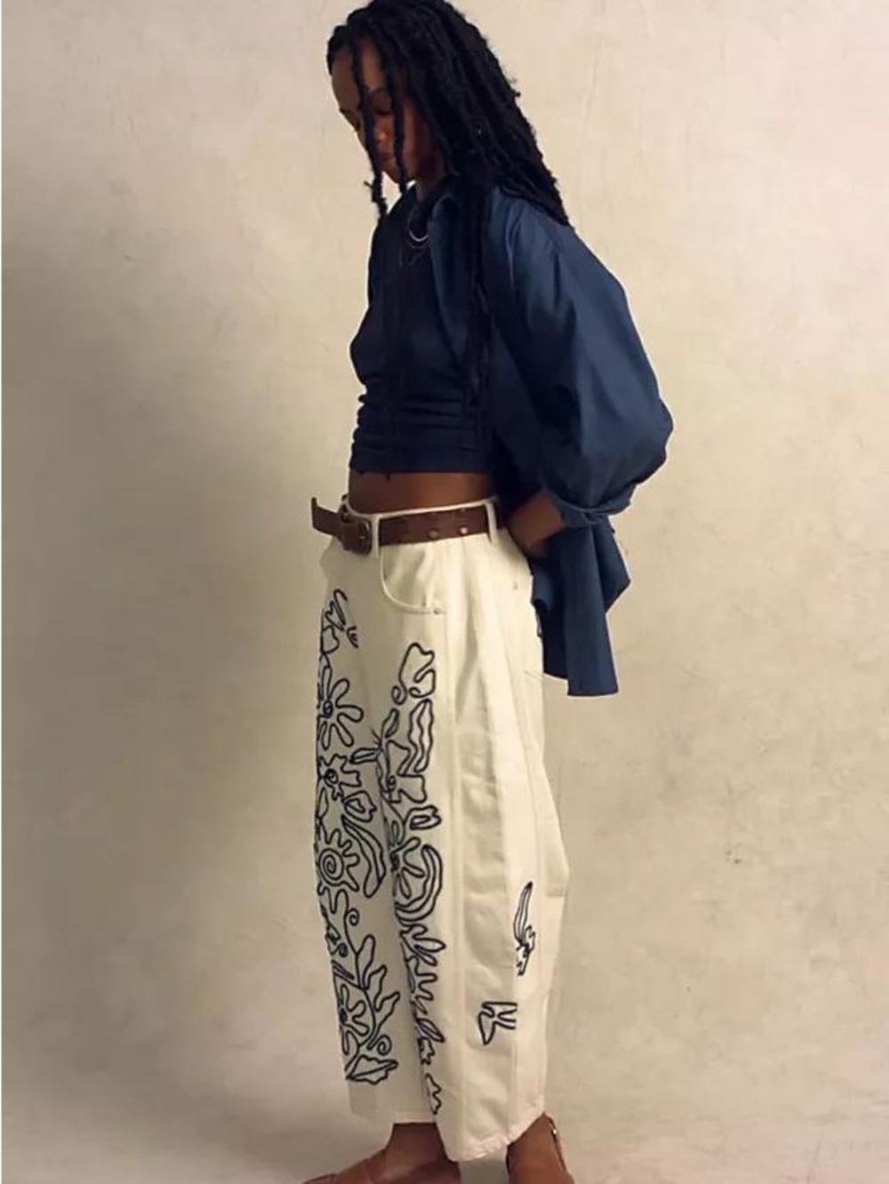 We The Free Cream Jeans with Black Floral Outline Embroidery - Picture 14 of 16
